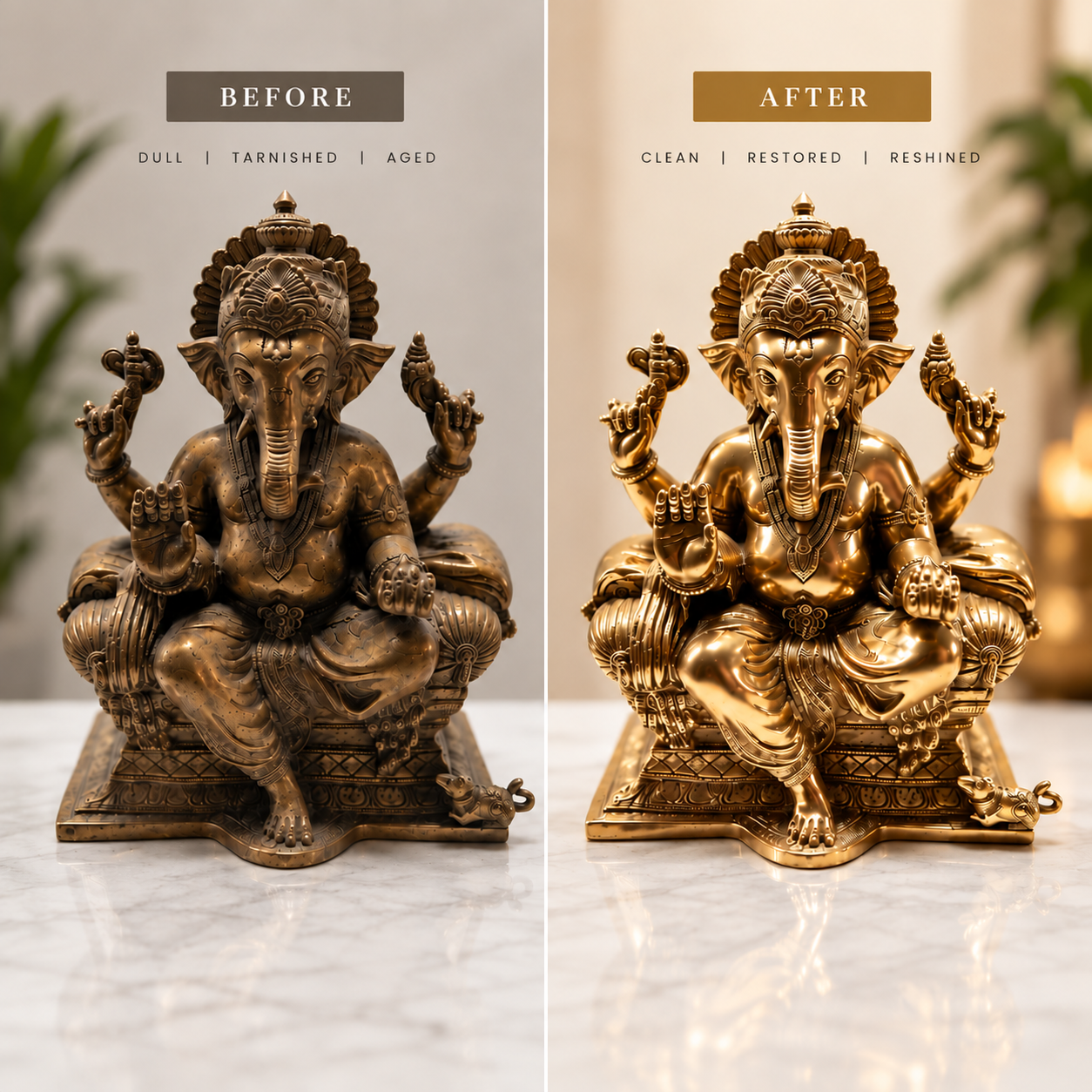Ganesh ji brass murti — dull and tarnished before, clean and reshined after restoration